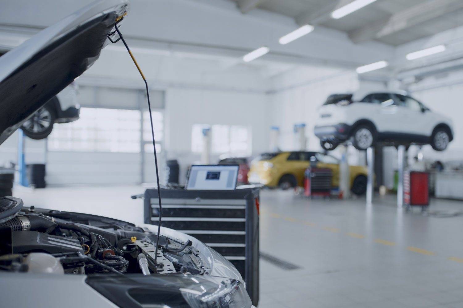 Cars Open Bonnet Parked In Garage For Repair And Maintenance Service.