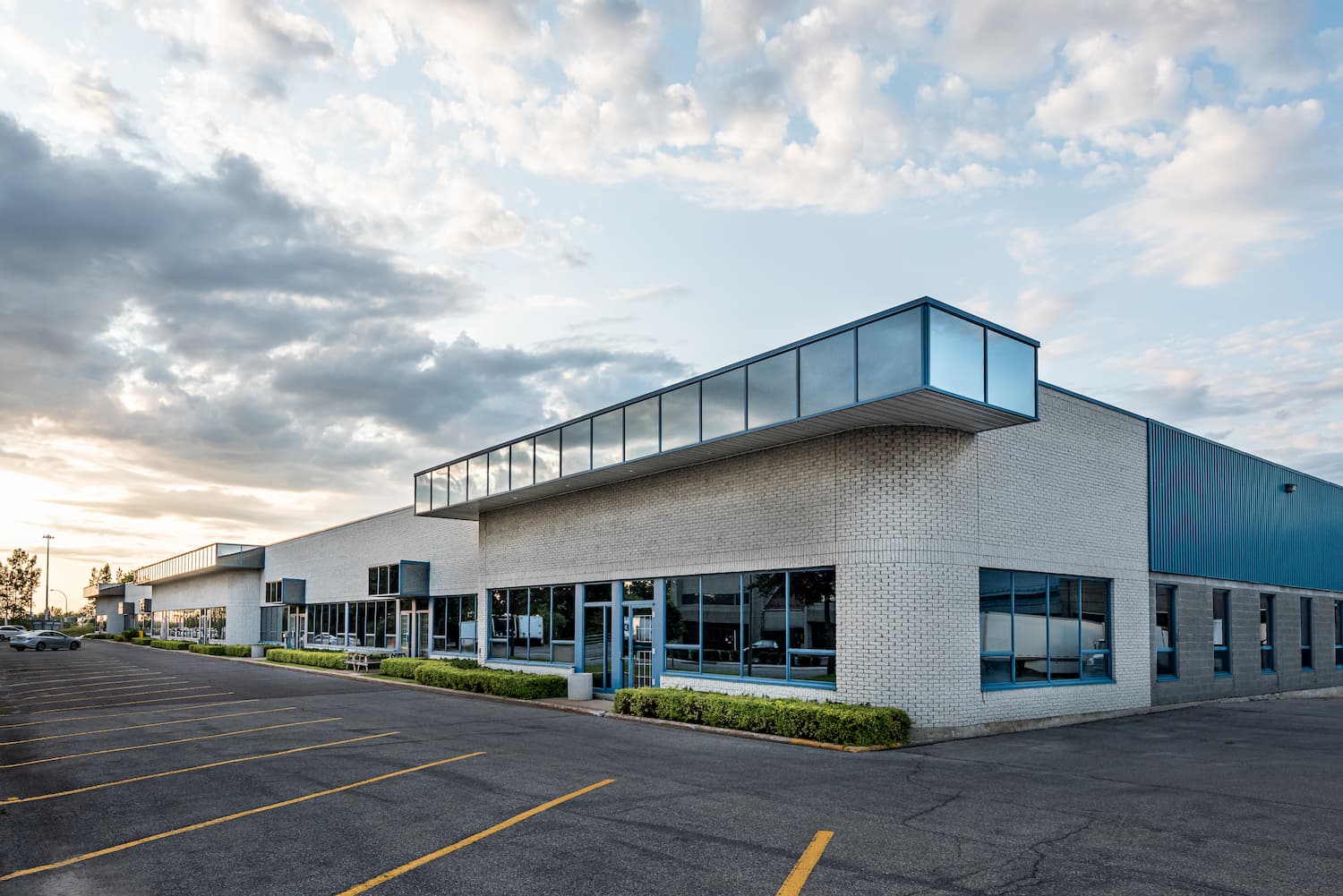 A corner shot of a large commercial building