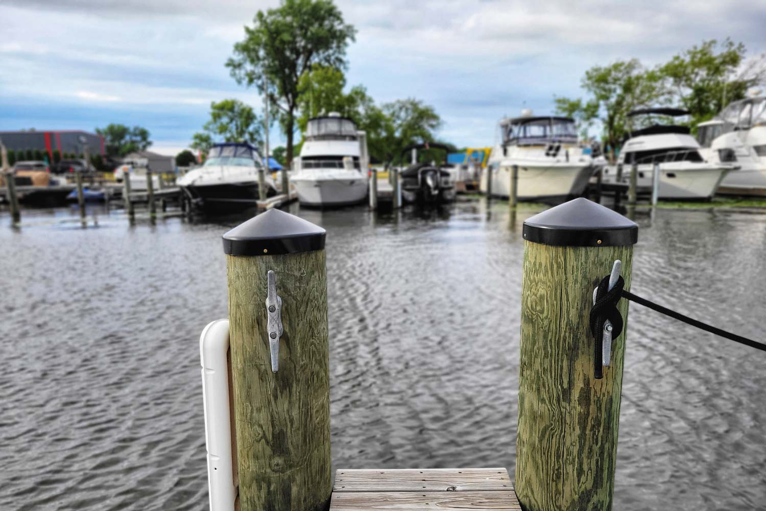 Lakeside with many boats.