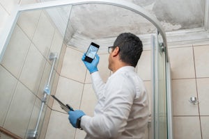 Insurance adjuster taking pictures by smartphone of bathroom ceiling damage