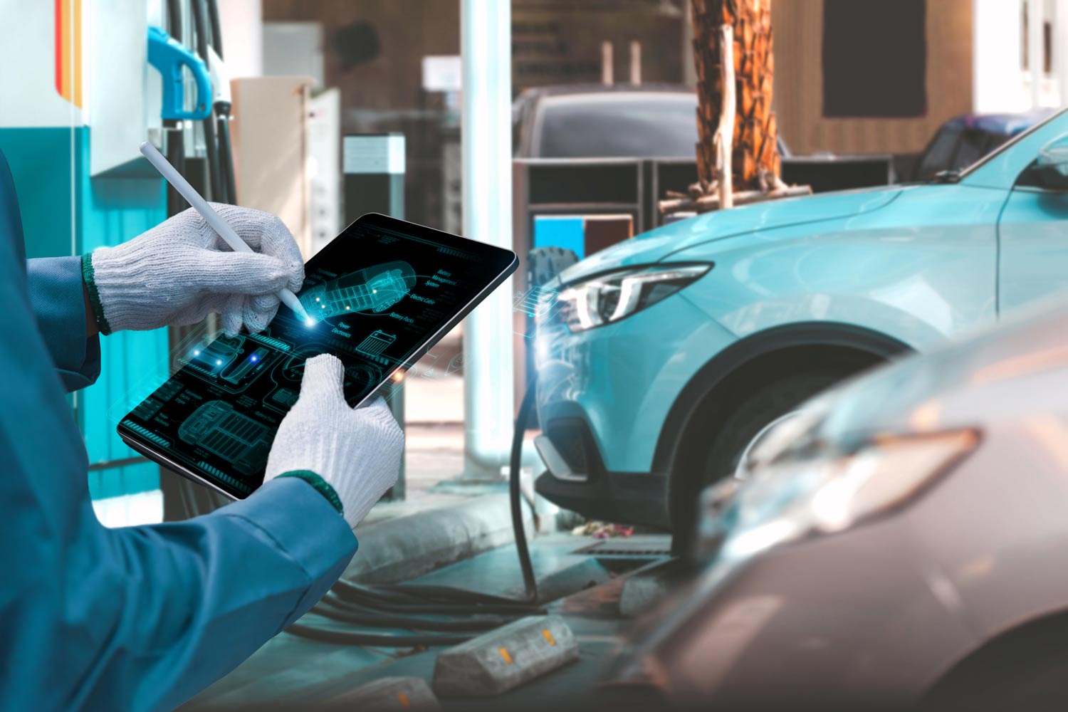 Factory technician checking electric vehicle systems on-screen.