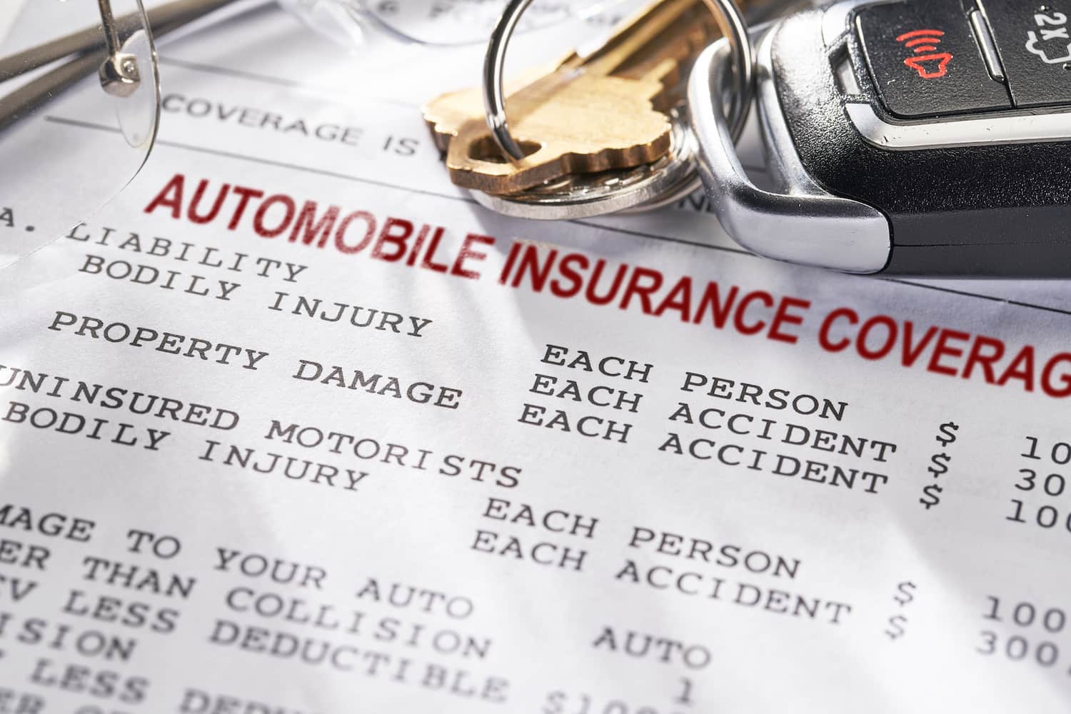 Auto Insurance policy with keys and glasses.