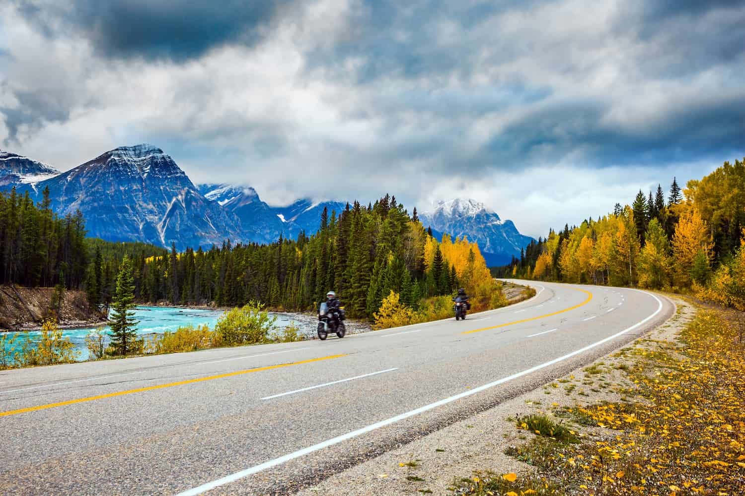 Motorcyclists driving on the road.