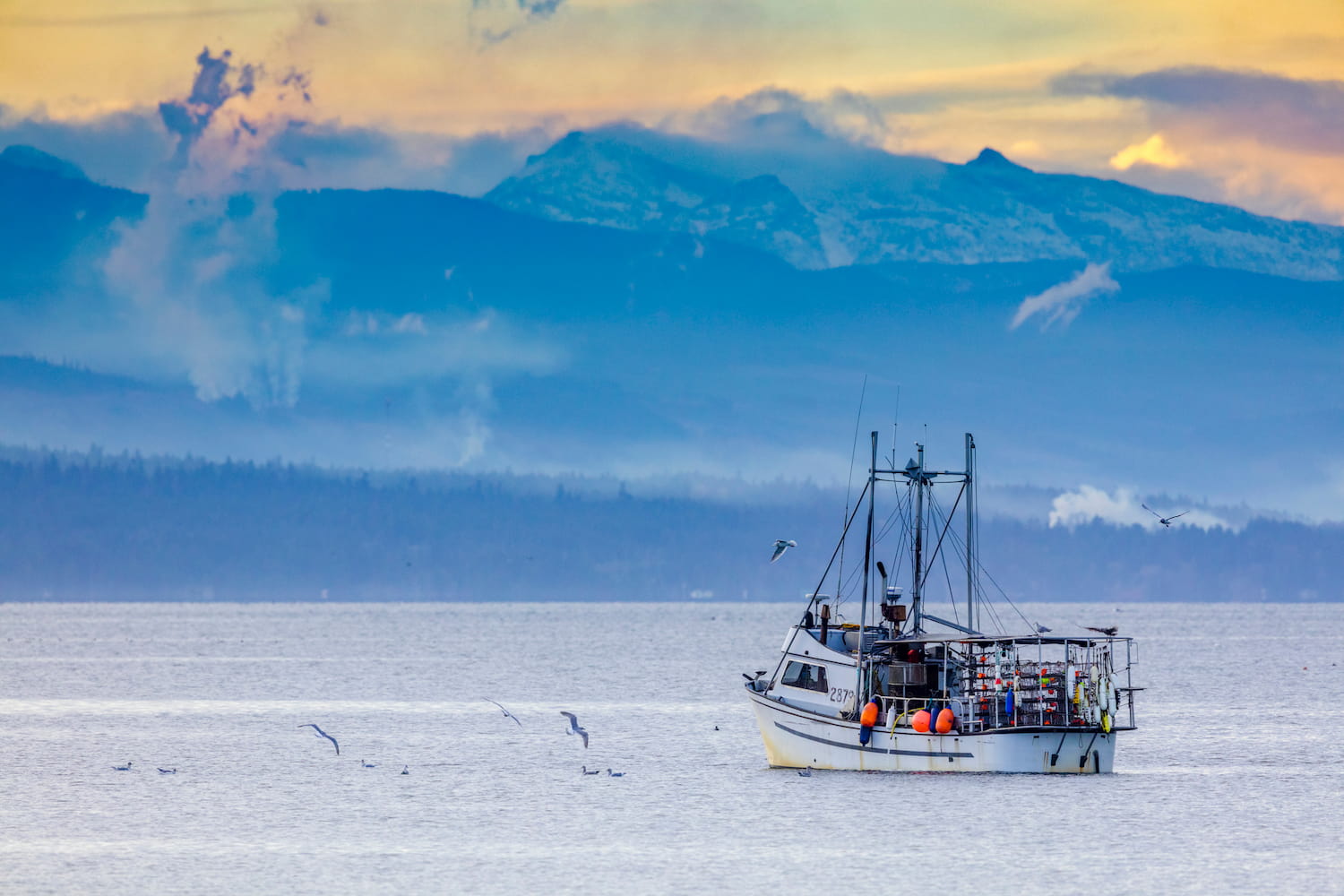 Boat on water with mountains in background.
