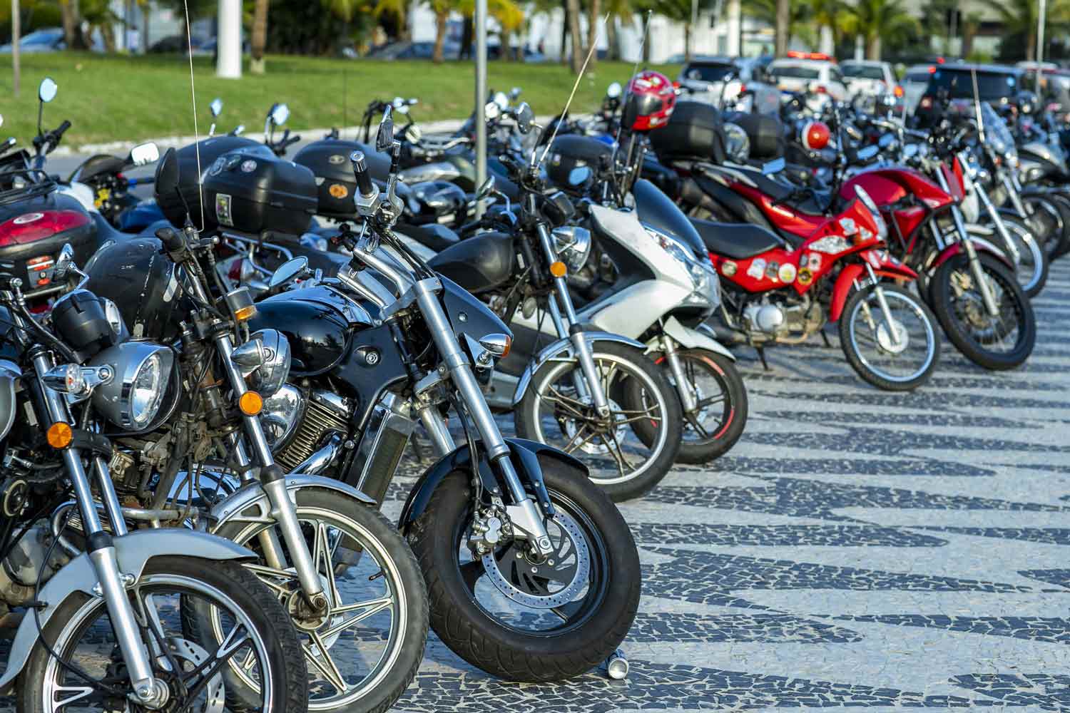 Front wheels of motorcycles exposed in a parking lot.