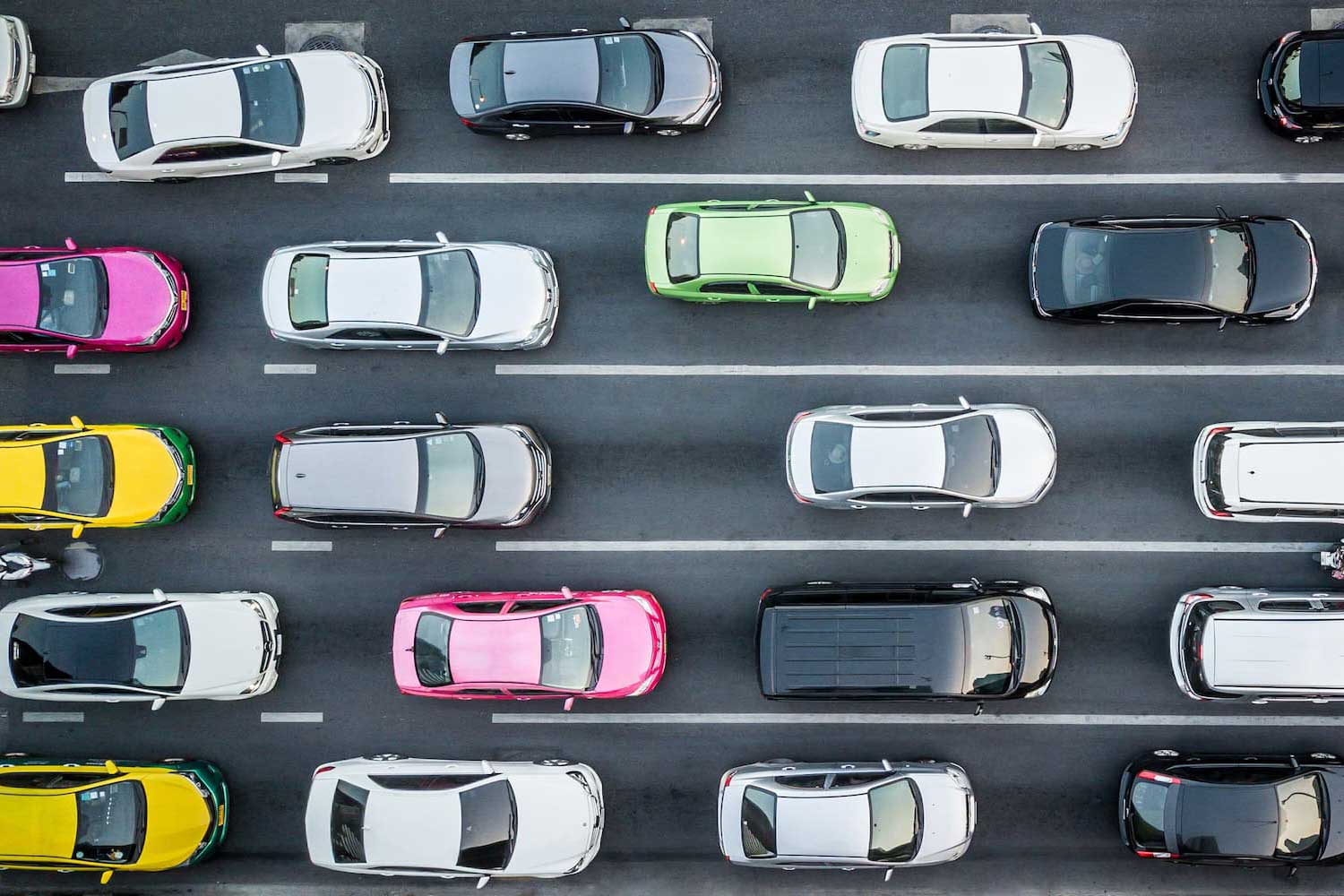 Aerial drone photograph of a traffic on a multi-lane street