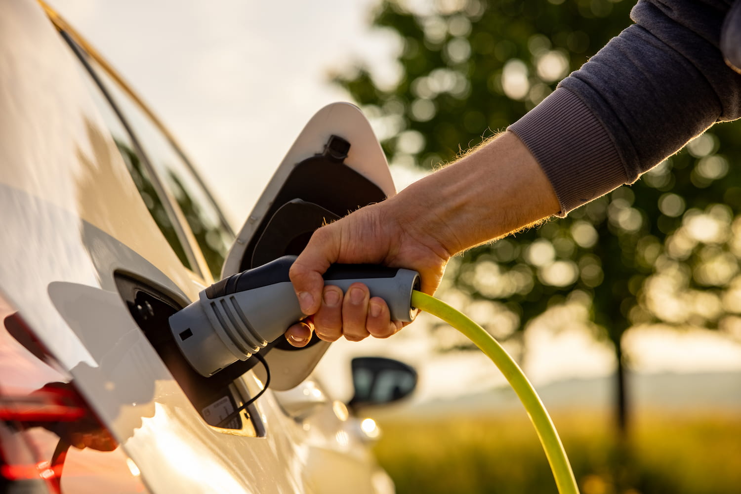 A person plugging in an electric car's charging cable in a picturesque, eco-friendly setting.
