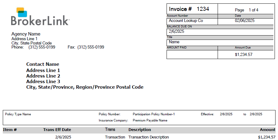 An exmaple of a BrokerLink invoice, which displays the BrokerLink logo in the top left of the page.